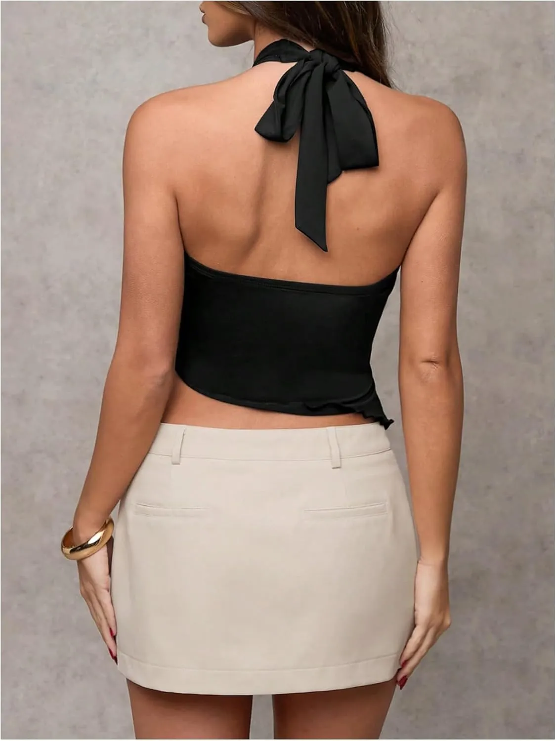 Milumia Women's Buckle Decor Wrap V Neck Halter Top Asymmetrical Hem Tie Backless Tank Tops