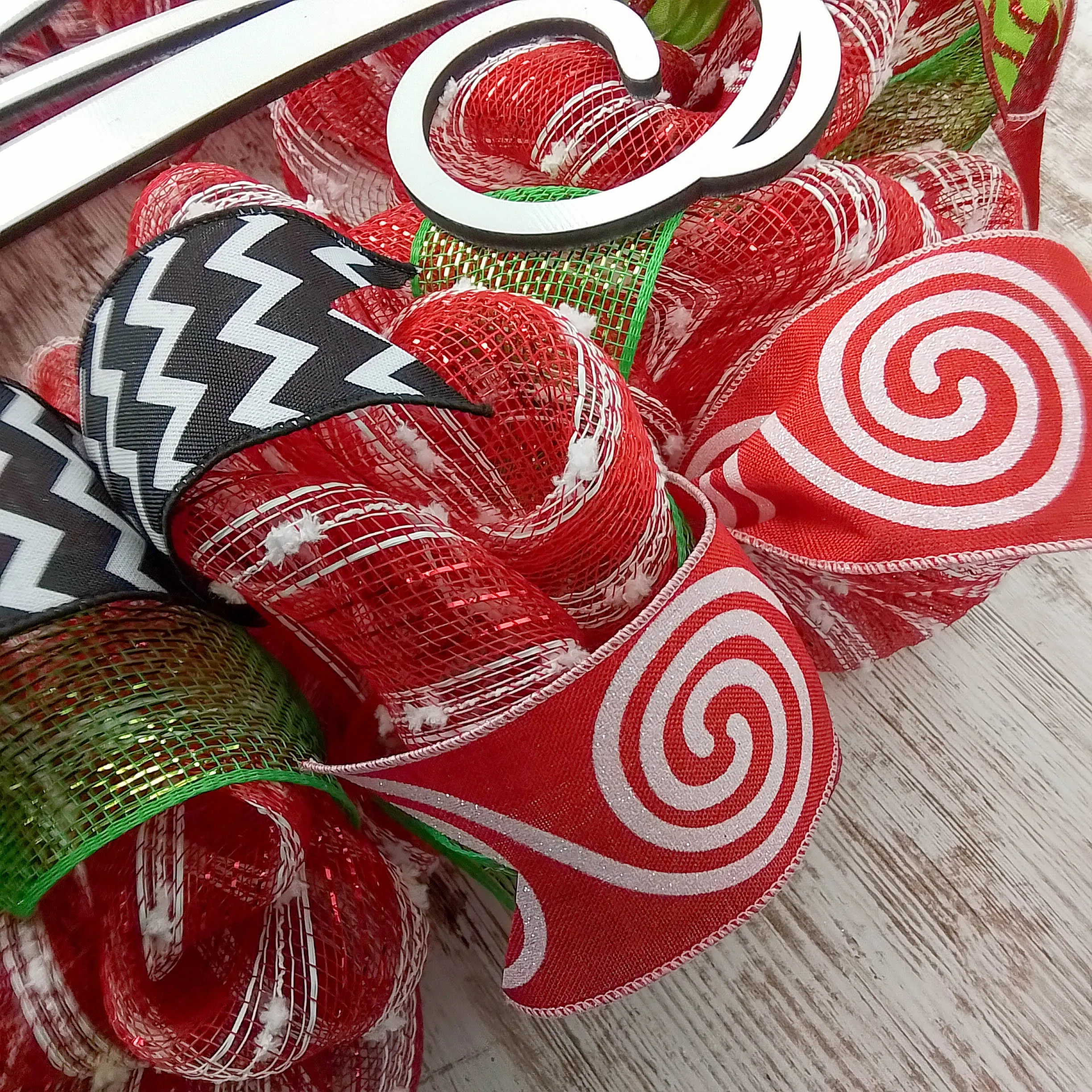 Monogram Christmas Mesh Door Wreath - Candy Cane Decorations - Red White Lime Green Black