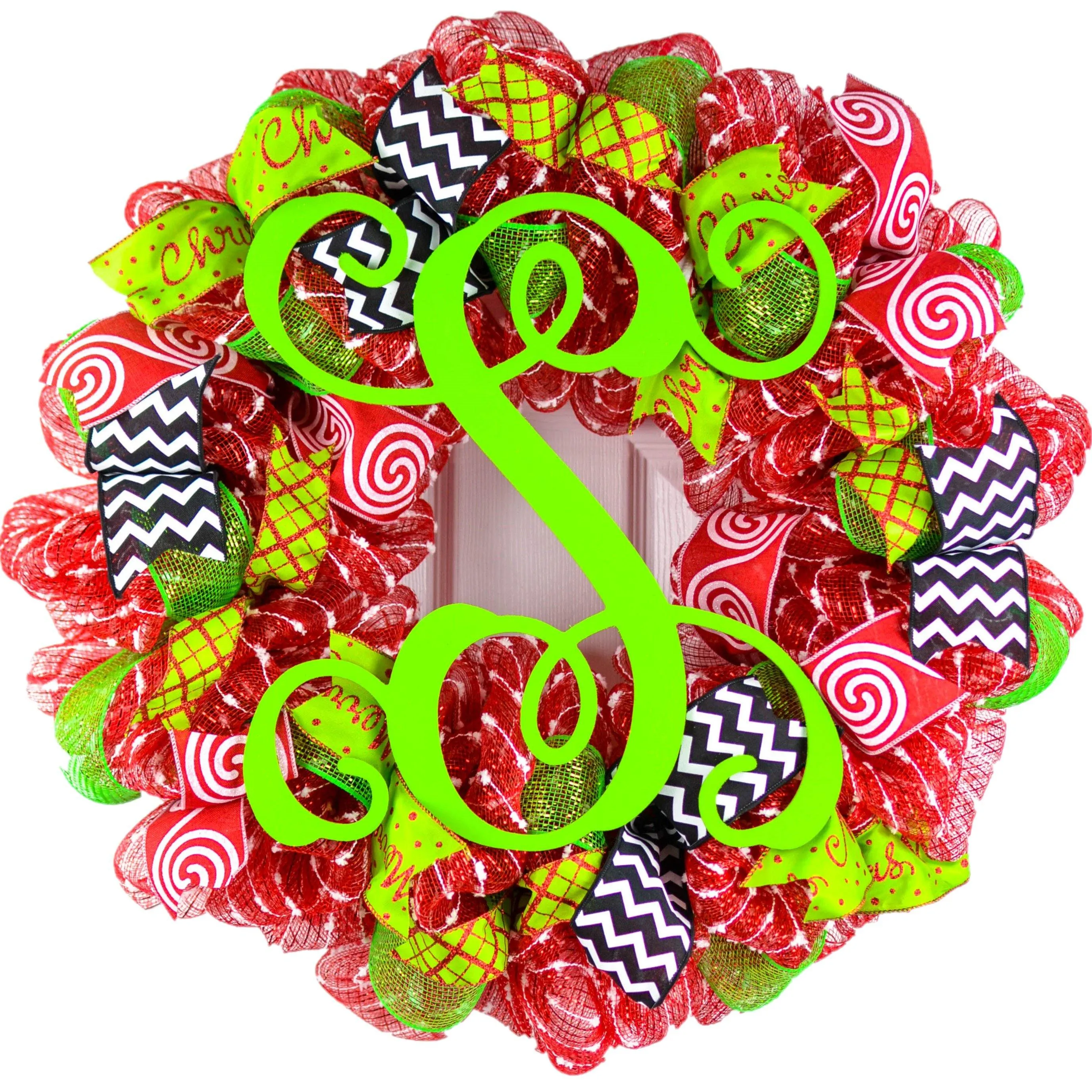 Monogram Christmas Mesh Door Wreath - Candy Cane Decorations - Red White Lime Green Black