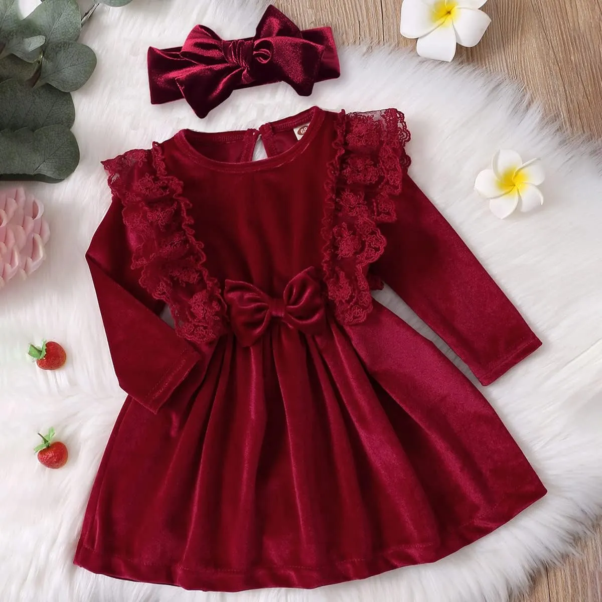 ODASDO Baby Girl Velvet Dress Toddler Kids Long Sleeve A-line Princess Dress with Headband Set Fall Winter Clothes