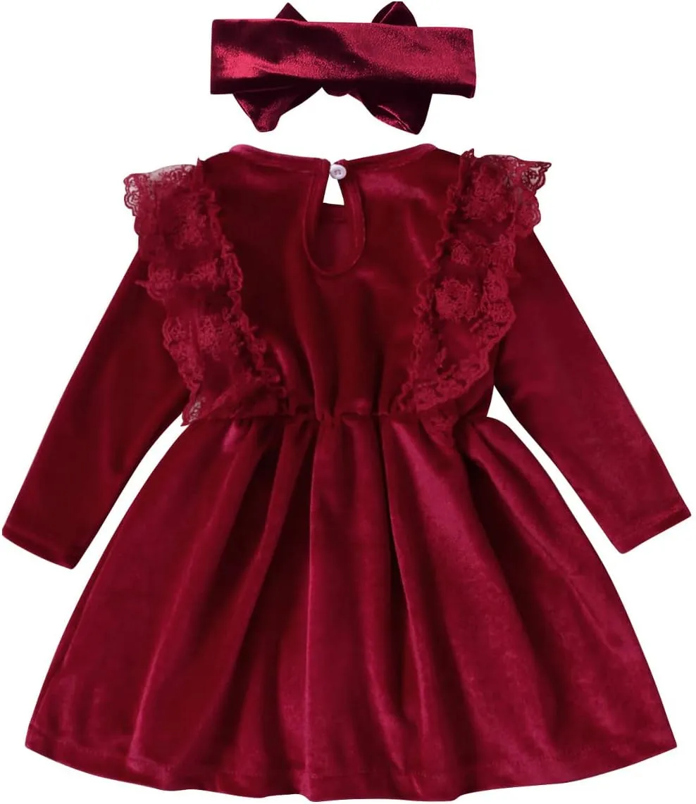 ODASDO Baby Girl Velvet Dress Toddler Kids Long Sleeve A-line Princess Dress with Headband Set Fall Winter Clothes