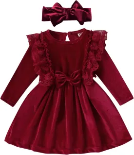 ODASDO Baby Girl Velvet Dress Toddler Kids Long Sleeve A-line Princess Dress with Headband Set Fall Winter Clothes
