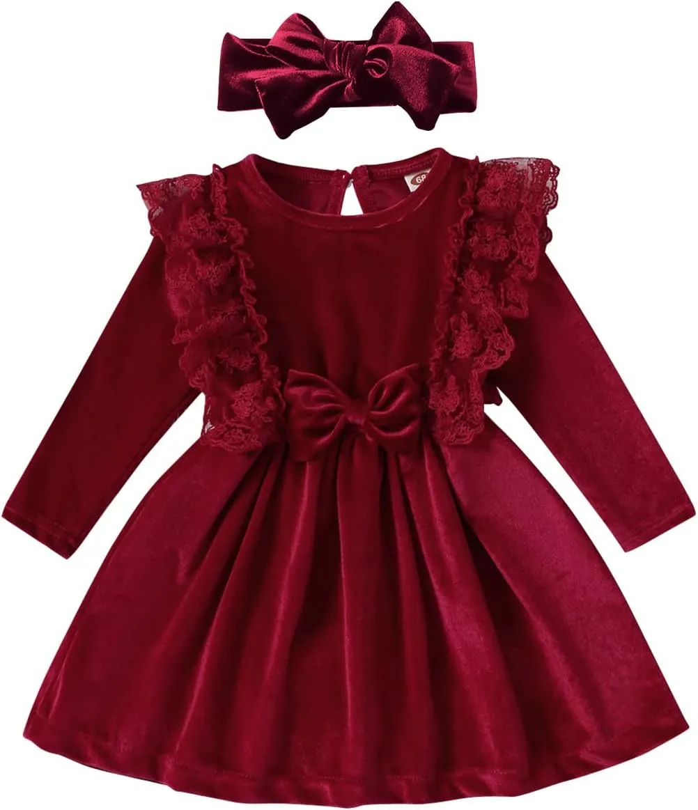 ODASDO Baby Girl Velvet Dress Toddler Kids Long Sleeve A-line Princess Dress with Headband Set Fall Winter Clothes