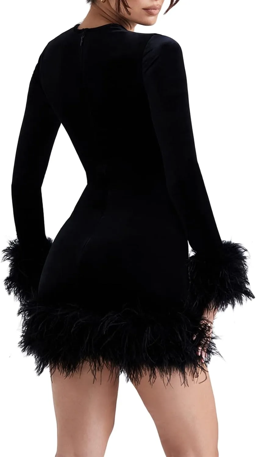 Owl's-Yard Women Long Sleeve Feather Trim Bodycon Dress Sexy Crew Neck Feather Patchwork Velvet Mini Dress Cocktail Party