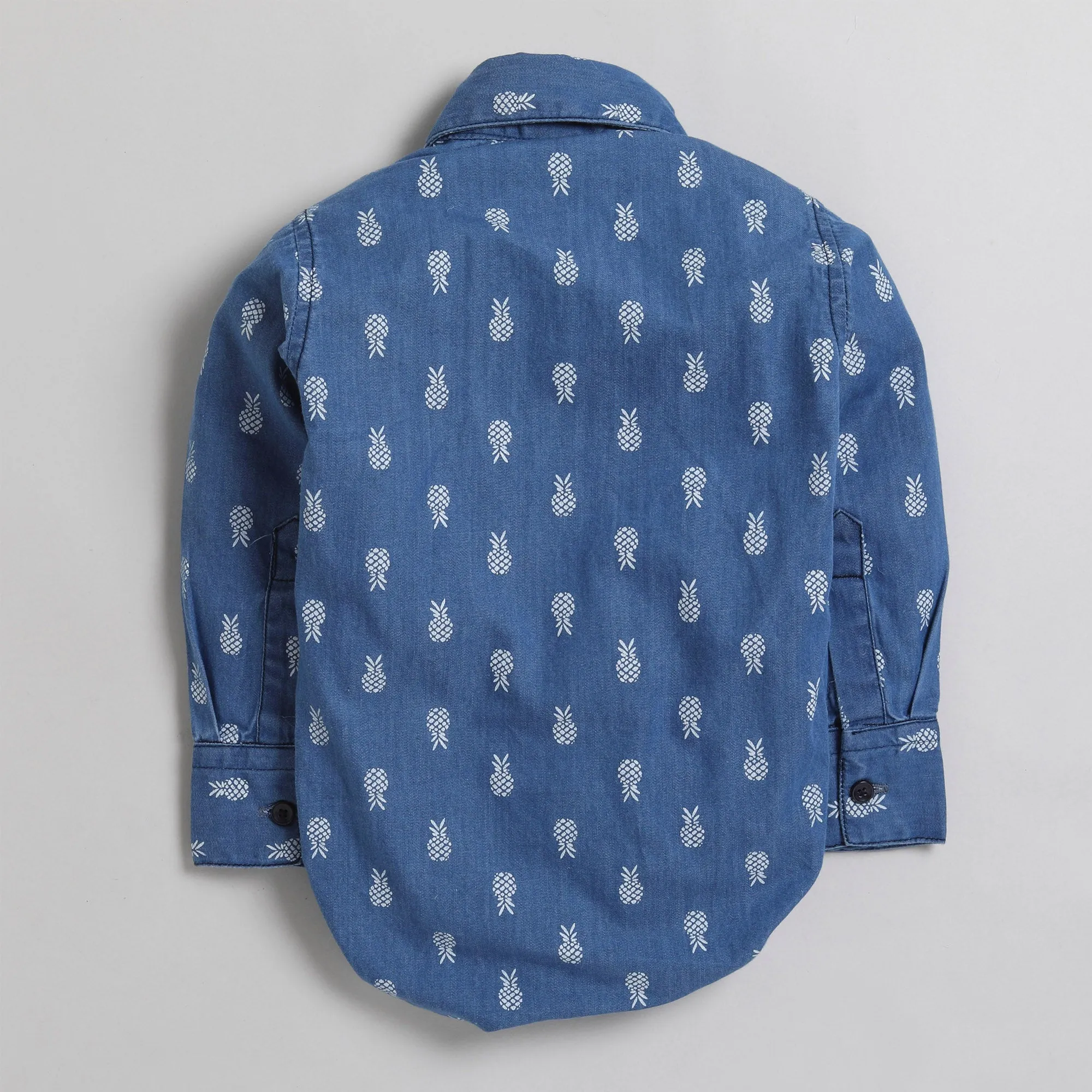 Polka Tots Full Sleeve Denim Shirt Romper- Pineapple with bow tie - Blue Denim