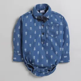 Polka Tots Full Sleeve Denim Shirt Romper- Pineapple with bow tie - Blue Denim