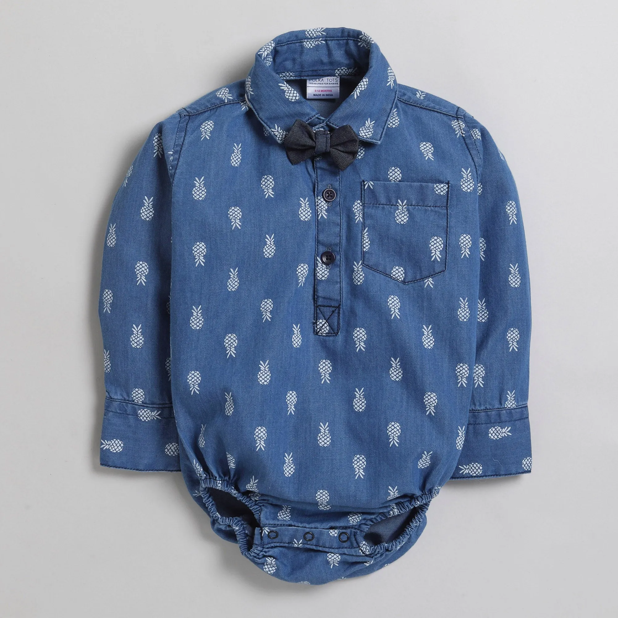 Polka Tots Full Sleeve Denim Shirt Romper- Pineapple with bow tie - Blue Denim