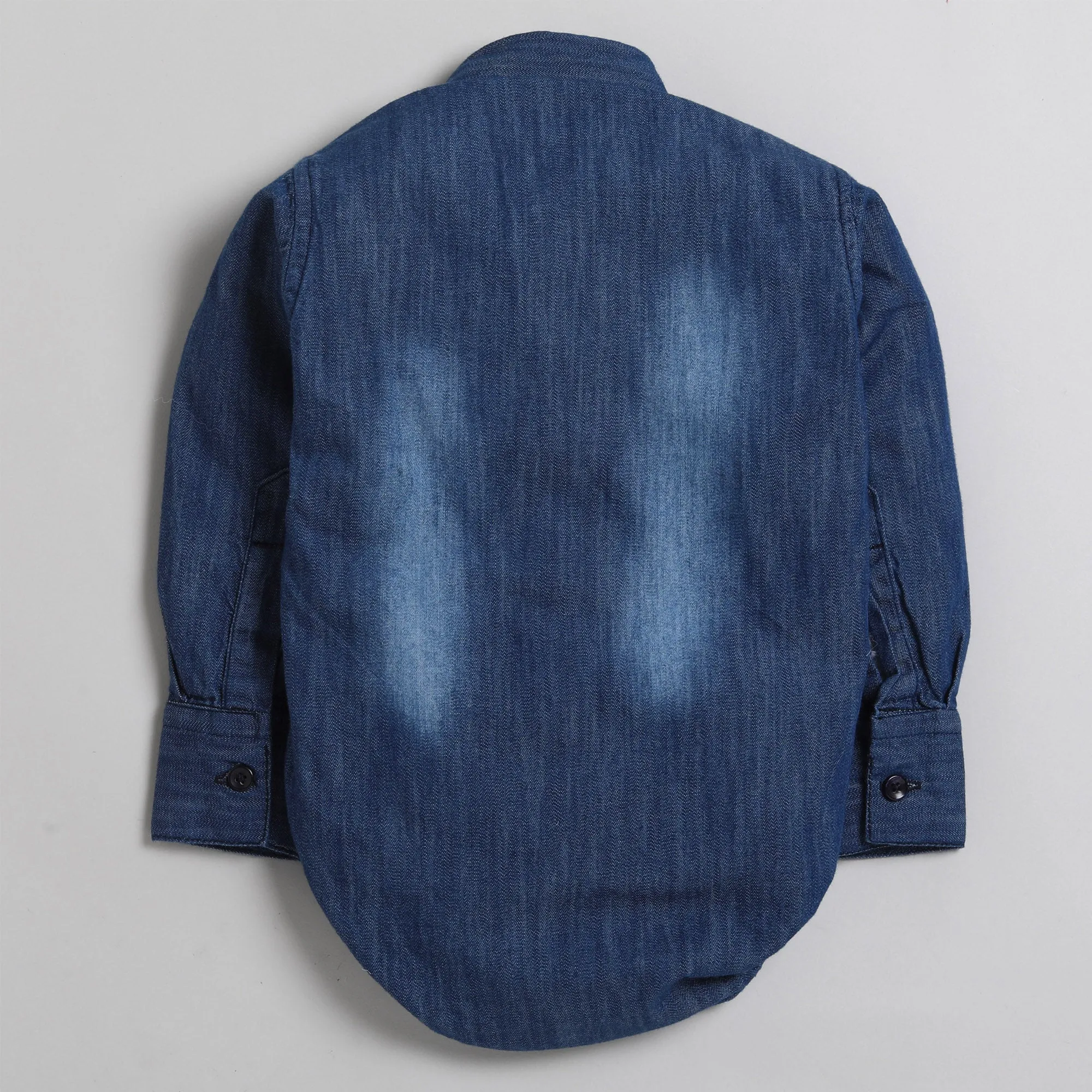 Polka Tots Full Sleeve Denim Shirt Romper- Single Red Cheks Pocket - Blue Denim