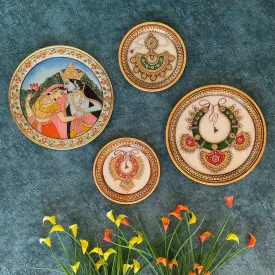 Radha krishna & Meenakari Jewelry Painting (Set of 4) - Wall Hanging - Decorative Round Marble Plate