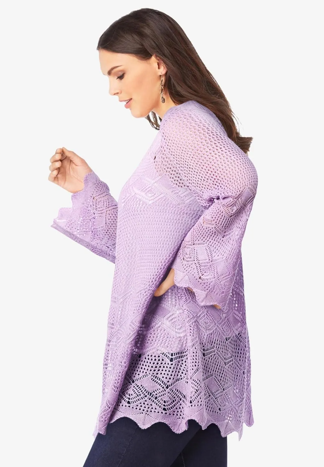 Roaman's Women's Plus Size Bell Sleeve Pointelle Cardigan