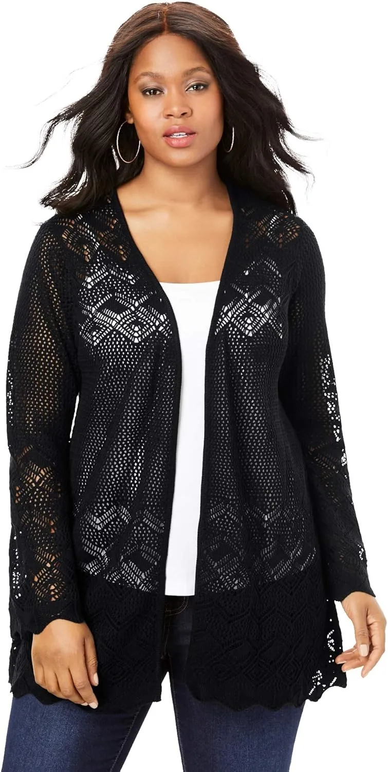 Roaman's Women's Plus Size Bell Sleeve Pointelle Cardigan