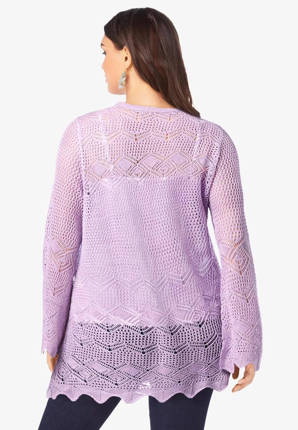 Roaman's Women's Plus Size Bell Sleeve Pointelle Cardigan