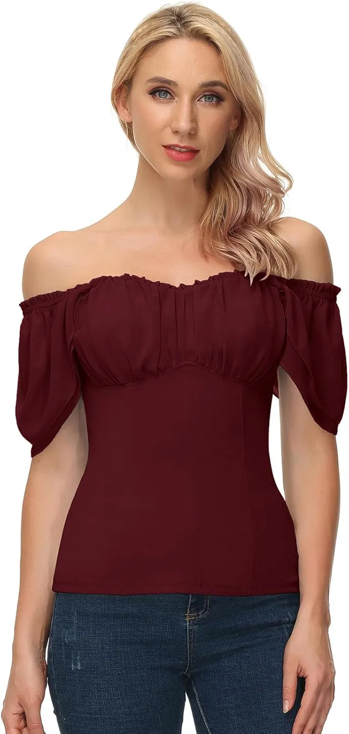 Scarlet Darkness Women Renaissance Shirt Off Shoulder Flutter Short Sleeve Top Summer Square Neck Peasant Blouse