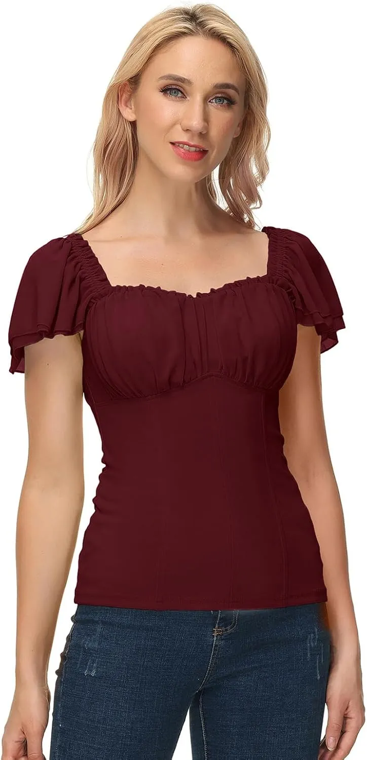 Scarlet Darkness Women Renaissance Shirt Off Shoulder Flutter Short Sleeve Top Summer Square Neck Peasant Blouse