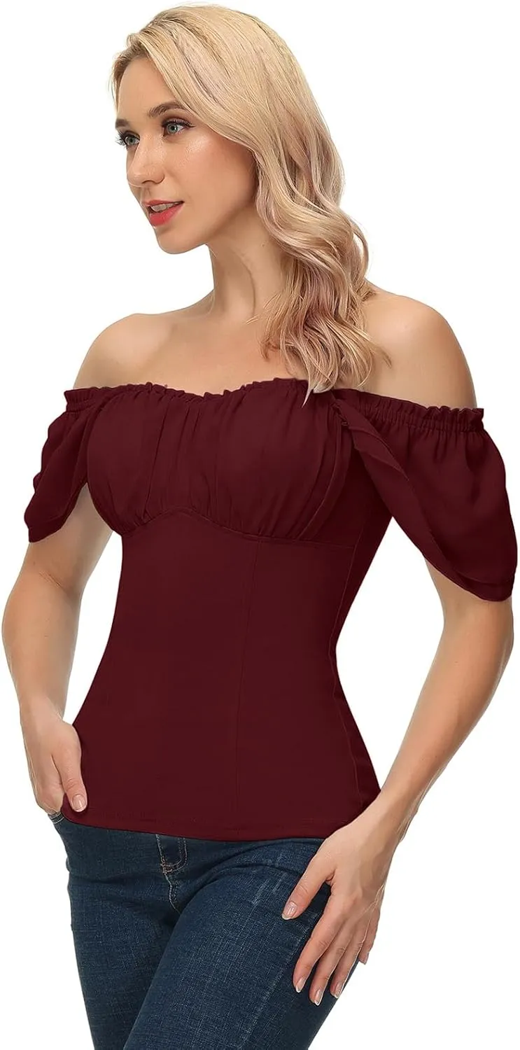 Scarlet Darkness Women Renaissance Shirt Off Shoulder Flutter Short Sleeve Top Summer Square Neck Peasant Blouse