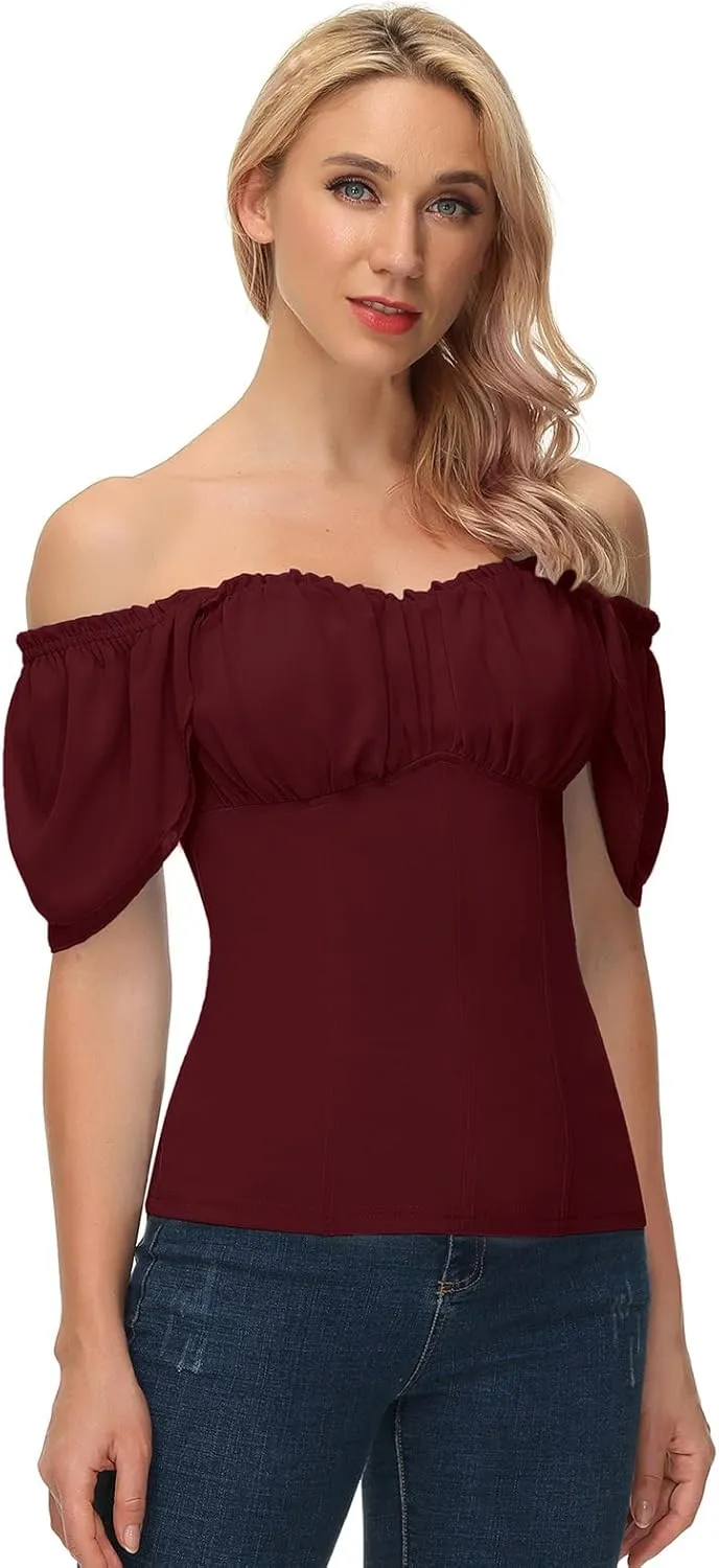 Scarlet Darkness Women Renaissance Shirt Off Shoulder Flutter Short Sleeve Top Summer Square Neck Peasant Blouse