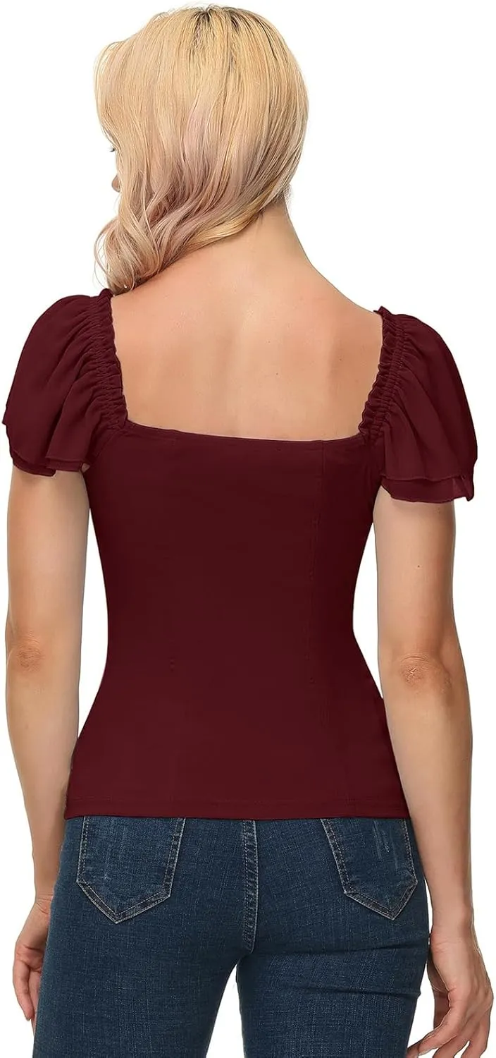 Scarlet Darkness Women Renaissance Shirt Off Shoulder Flutter Short Sleeve Top Summer Square Neck Peasant Blouse