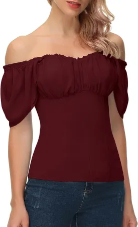 Scarlet Darkness Women Renaissance Shirt Off Shoulder Flutter Short Sleeve Top Summer Square Neck Peasant Blouse