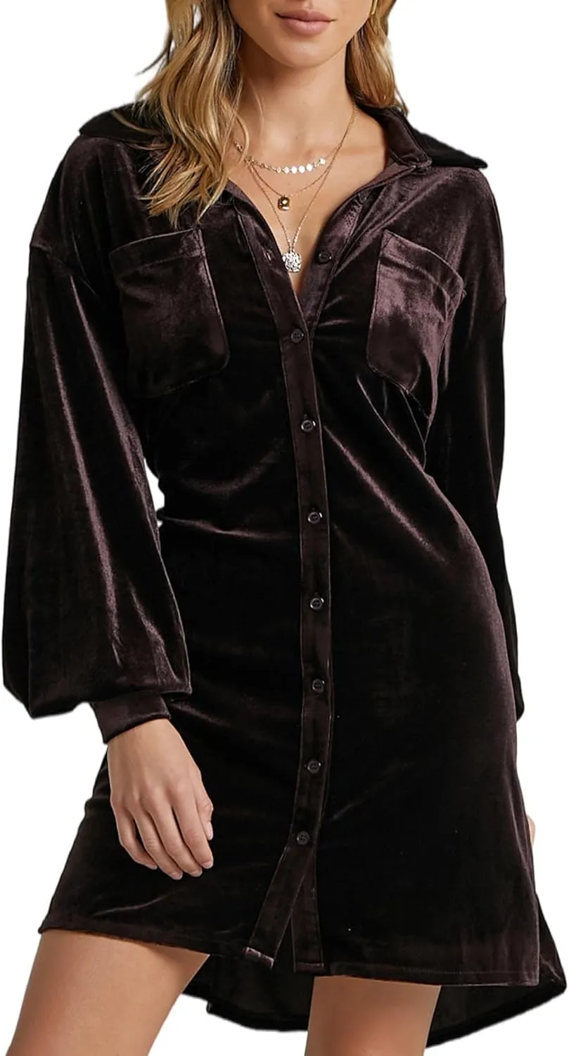 SEMATOMALA Women's Collared Button Down Velvet Shirt Dress Puff Long Sleeve Casual Loose Tunic Top Pleated Party Mini Dresses
