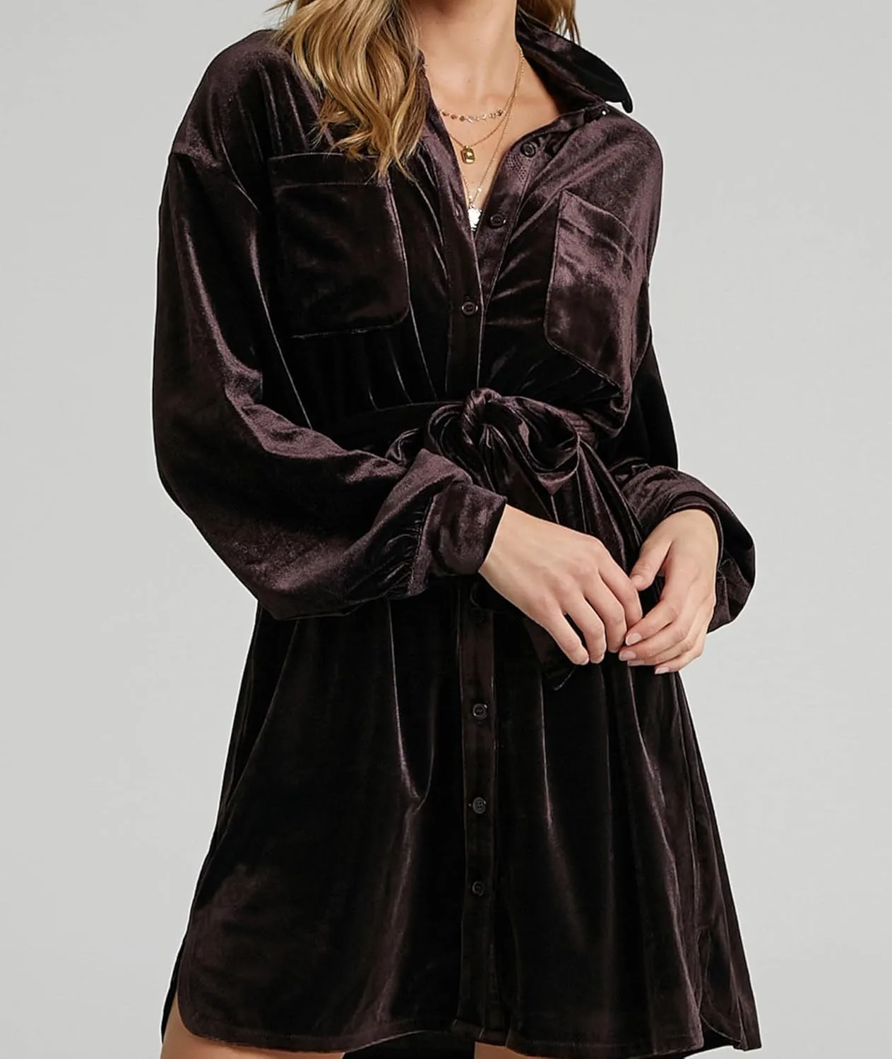 SEMATOMALA Women's Collared Button Down Velvet Shirt Dress Puff Long Sleeve Casual Loose Tunic Top Pleated Party Mini Dresses