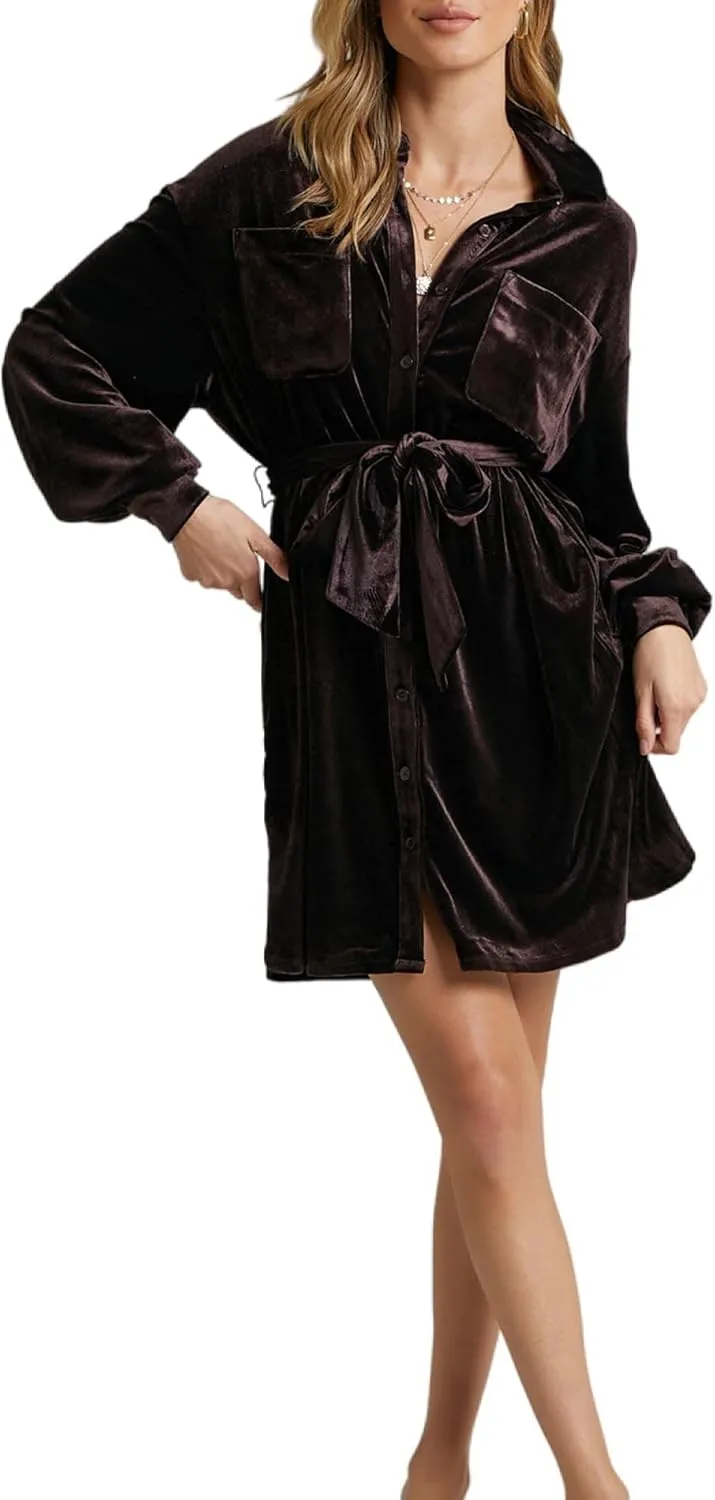 SEMATOMALA Women's Collared Button Down Velvet Shirt Dress Puff Long Sleeve Casual Loose Tunic Top Pleated Party Mini Dresses