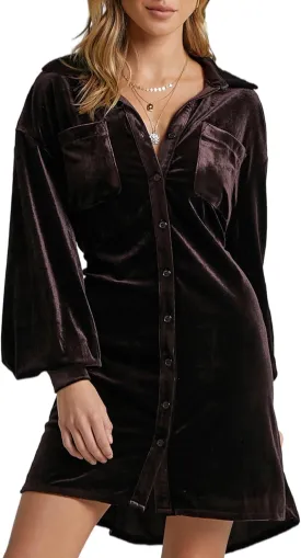 SEMATOMALA Women's Collared Button Down Velvet Shirt Dress Puff Long Sleeve Casual Loose Tunic Top Pleated Party Mini Dresses