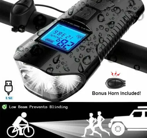 SMAXElite™ LED Rechargeable Bicycle Headlight   Odometer/Speedometer Set: Front/Rear/Horn