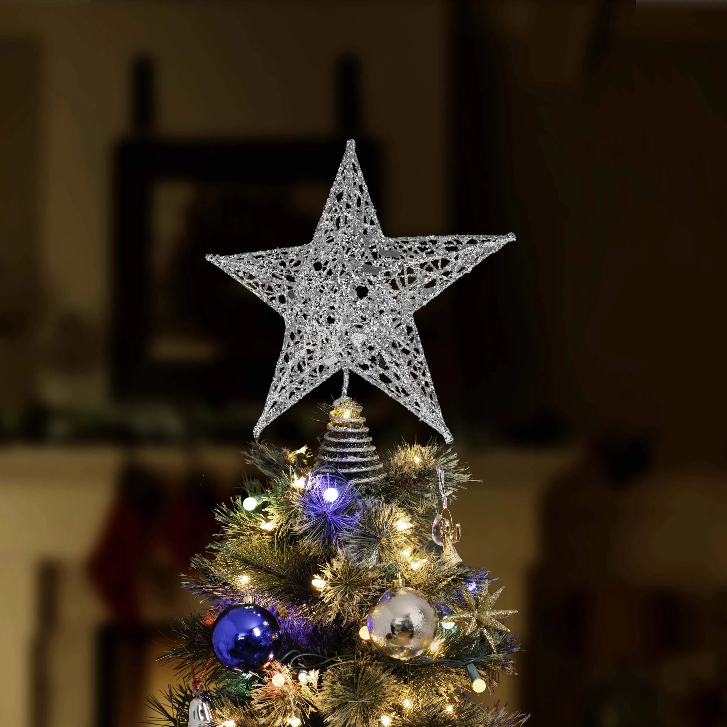 Star Tree Topper - Christmas Glitter Star Ornament Treetop Decoration (Silver)