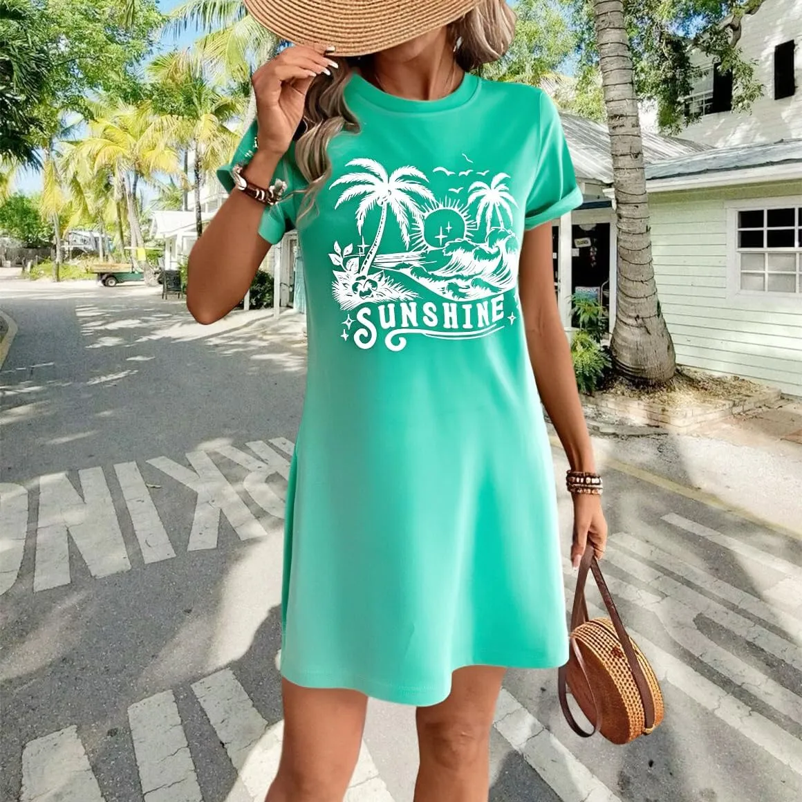 Summer Dresses for Women Beach Tshirt Dress Coconut Tree Graphic Tops A Line Dress Casual Short Sleeve Top
