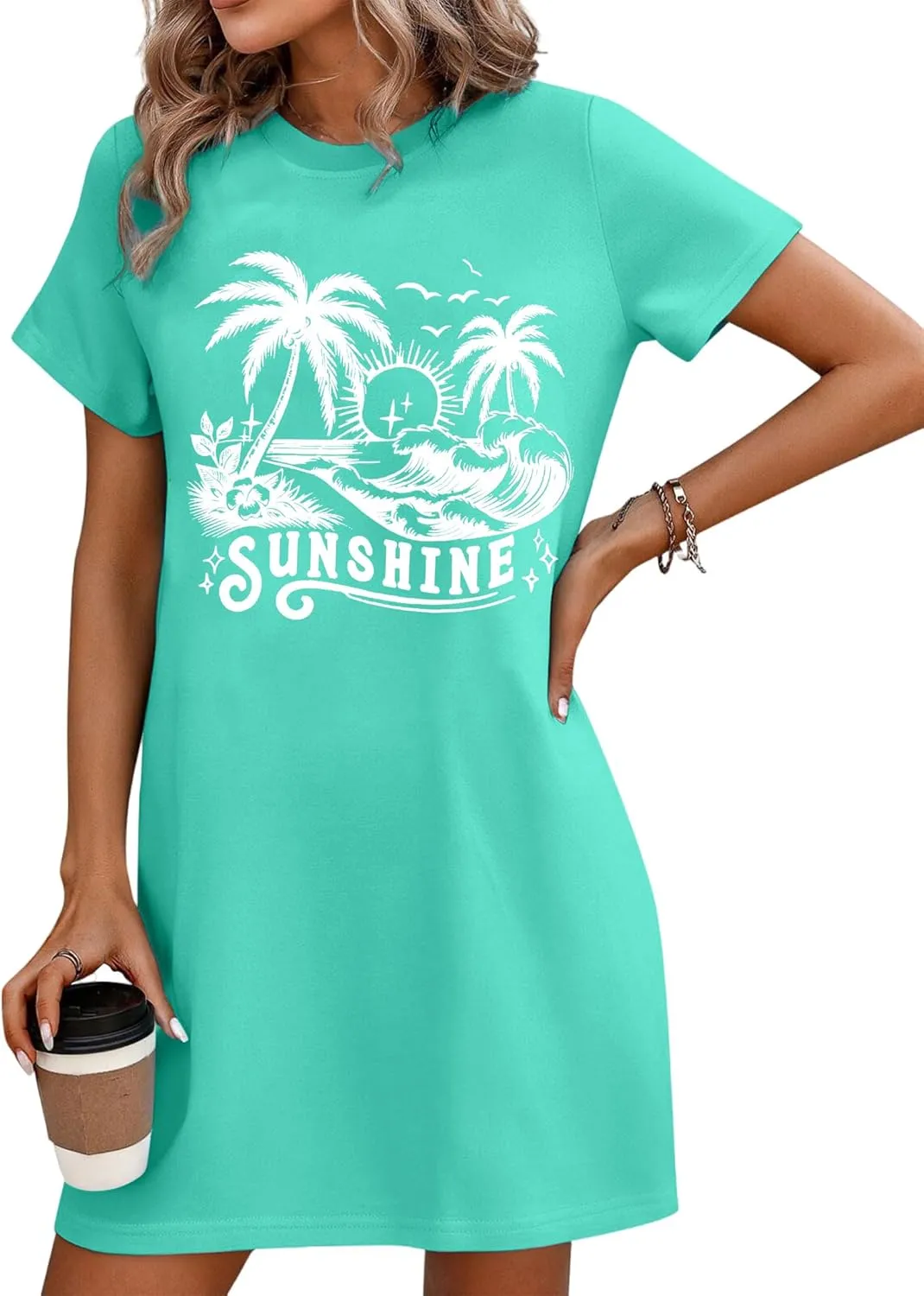 Summer Dresses for Women Beach Tshirt Dress Coconut Tree Graphic Tops A Line Dress Casual Short Sleeve Top