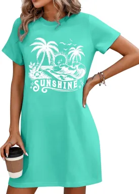 Summer Dresses for Women Beach Tshirt Dress Coconut Tree Graphic Tops A Line Dress Casual Short Sleeve Top