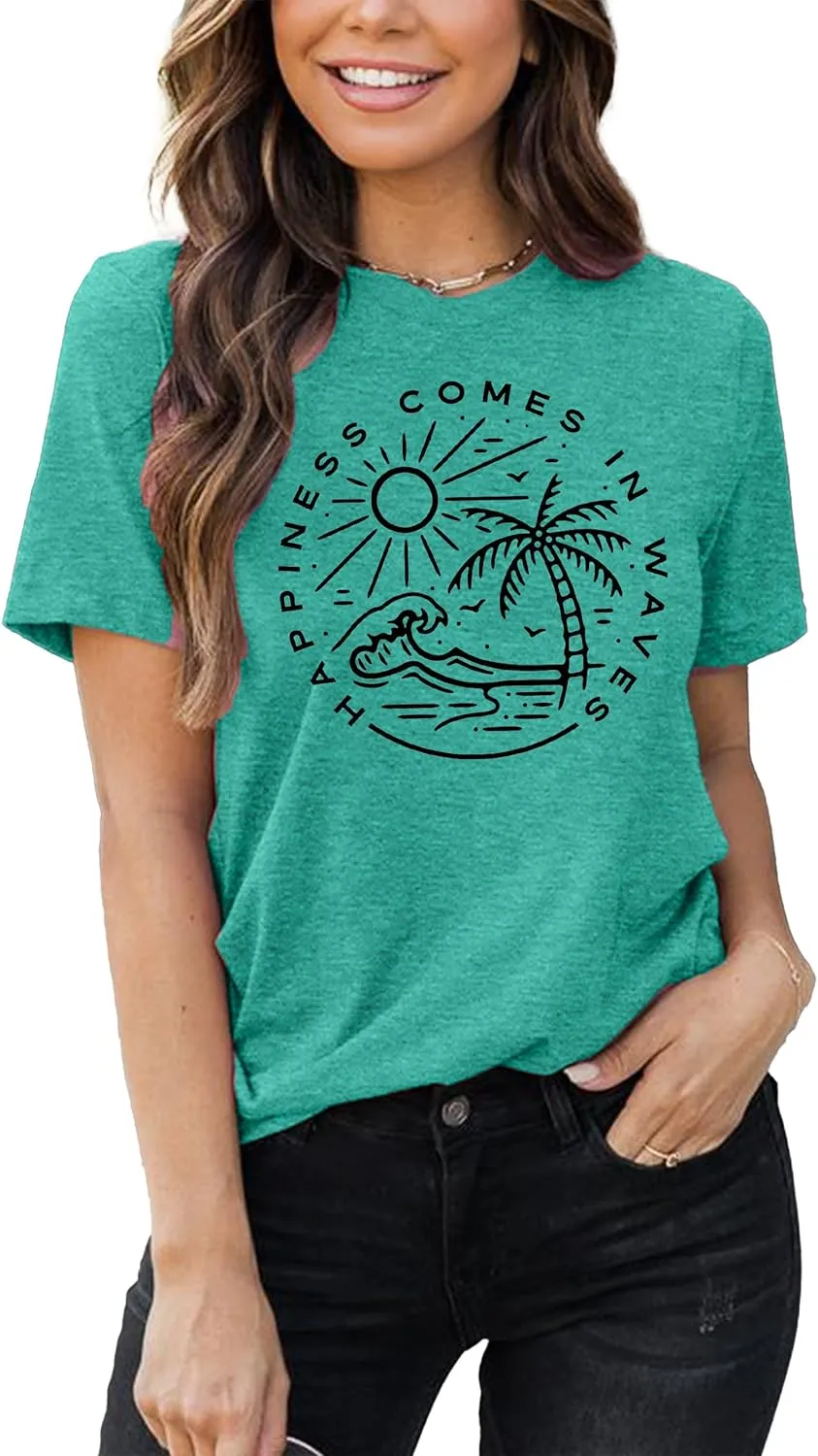 Summer T Shirt for Women Wave Coconut Tree Graphic Short Sleeve Casual Vacation Trip Tee Top