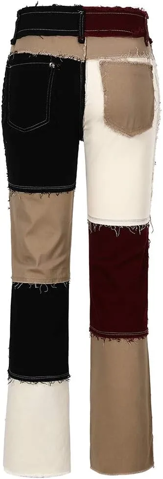 THUNDER STAR Womens Patchwork Straight Leg Jeans Mid Rise Stretch Frayed Denim Pants