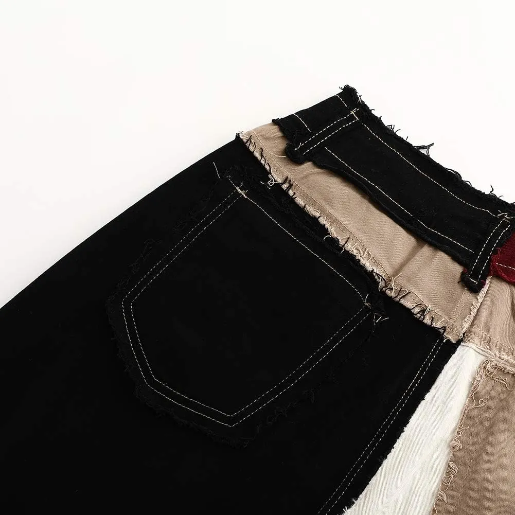 THUNDER STAR Womens Patchwork Straight Leg Jeans Mid Rise Stretch Frayed Denim Pants