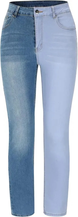 THUNDER STAR Womens Patchwork Straight Leg Jeans Mid Rise Stretch Frayed Denim Pants