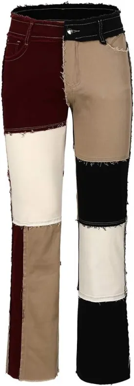 THUNDER STAR Womens Patchwork Straight Leg Jeans Mid Rise Stretch Frayed Denim Pants