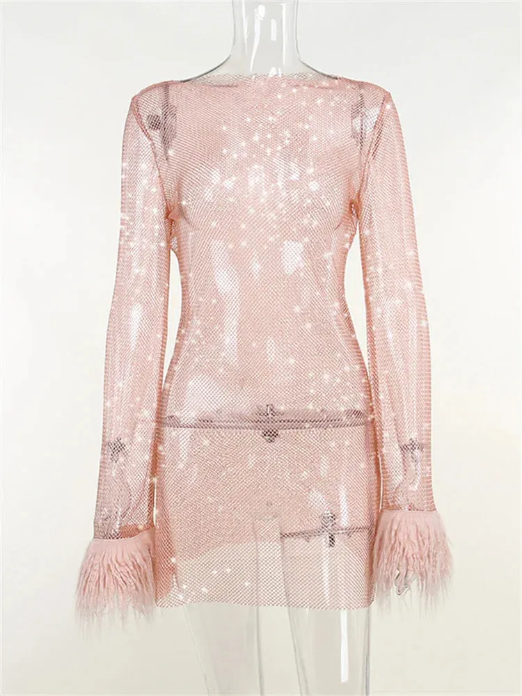 Trendy Fur Feather Mesh Sparkle Mini Party Dress