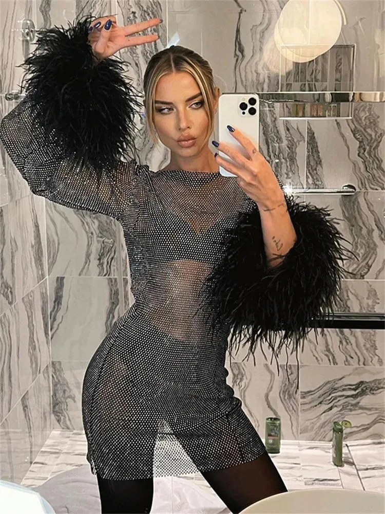 Trendy Fur Feather Mesh Sparkle Mini Party Dress