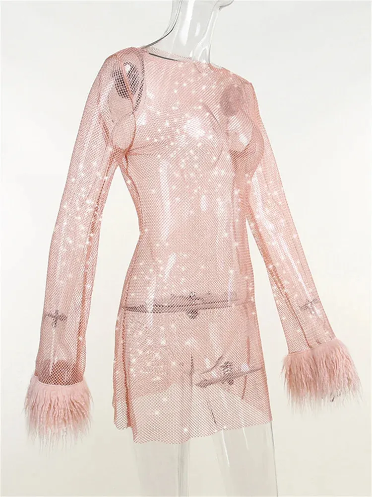 Trendy Fur Feather Mesh Sparkle Mini Party Dress