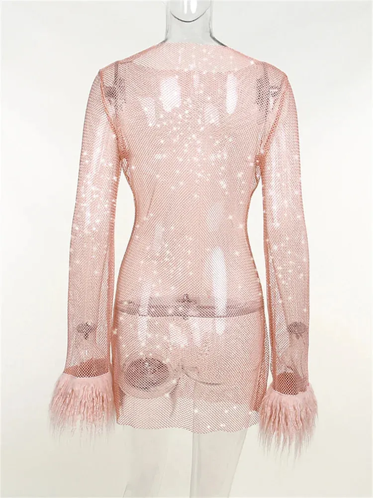 Trendy Fur Feather Mesh Sparkle Mini Party Dress
