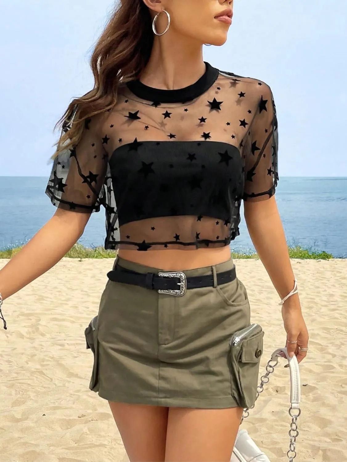 Verdusa Women's Y2K Summer Crew Neck Star Print Sheer Mesh Crop Top