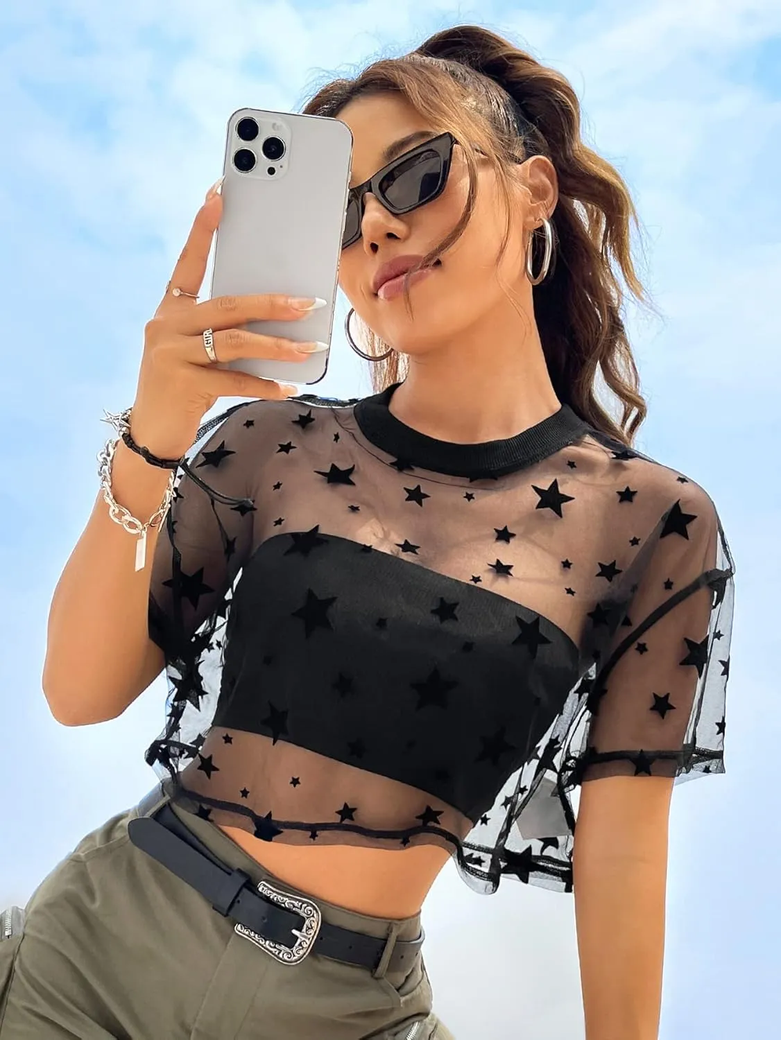 Verdusa Women's Y2K Summer Crew Neck Star Print Sheer Mesh Crop Top