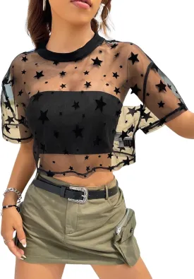 Verdusa Women's Y2K Summer Crew Neck Star Print Sheer Mesh Crop Top