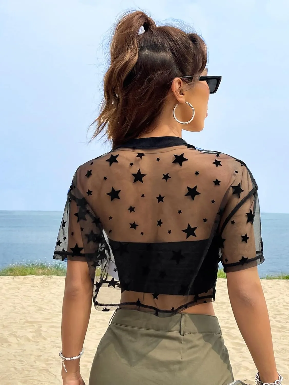 Verdusa Women's Y2K Summer Crew Neck Star Print Sheer Mesh Crop Top