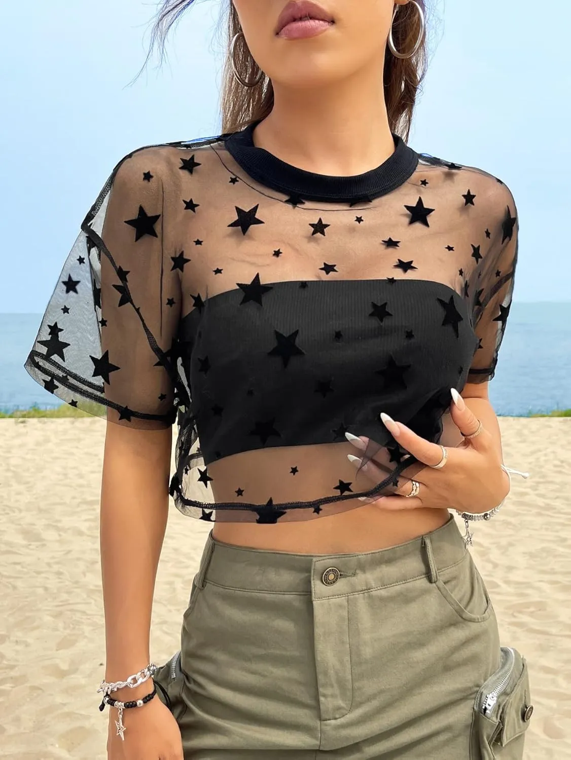 Verdusa Women's Y2K Summer Crew Neck Star Print Sheer Mesh Crop Top