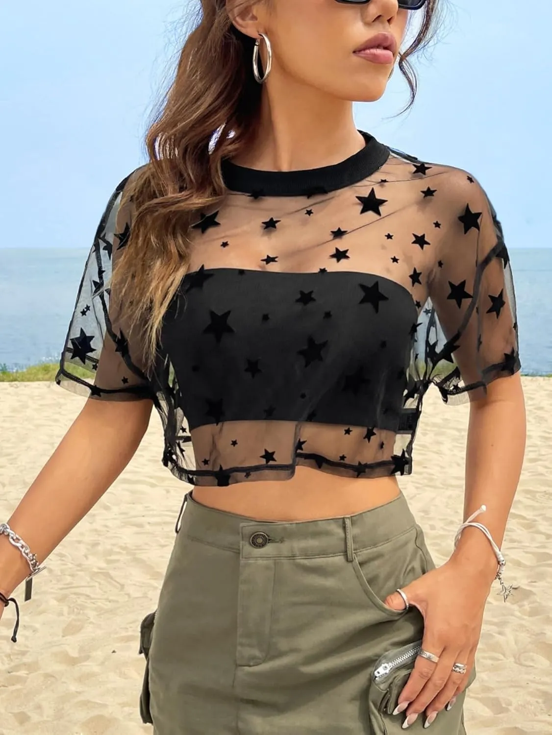 Verdusa Women's Y2K Summer Crew Neck Star Print Sheer Mesh Crop Top