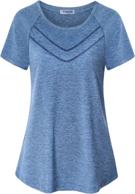 Vindery Women Quick-Dry Line Decor Front Yoga Workout Shirts Athletic Gym Loose Fit Tops