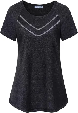 Vindery Women Quick-Dry Line Decor Front Yoga Workout Shirts Athletic Gym Loose Fit Tops