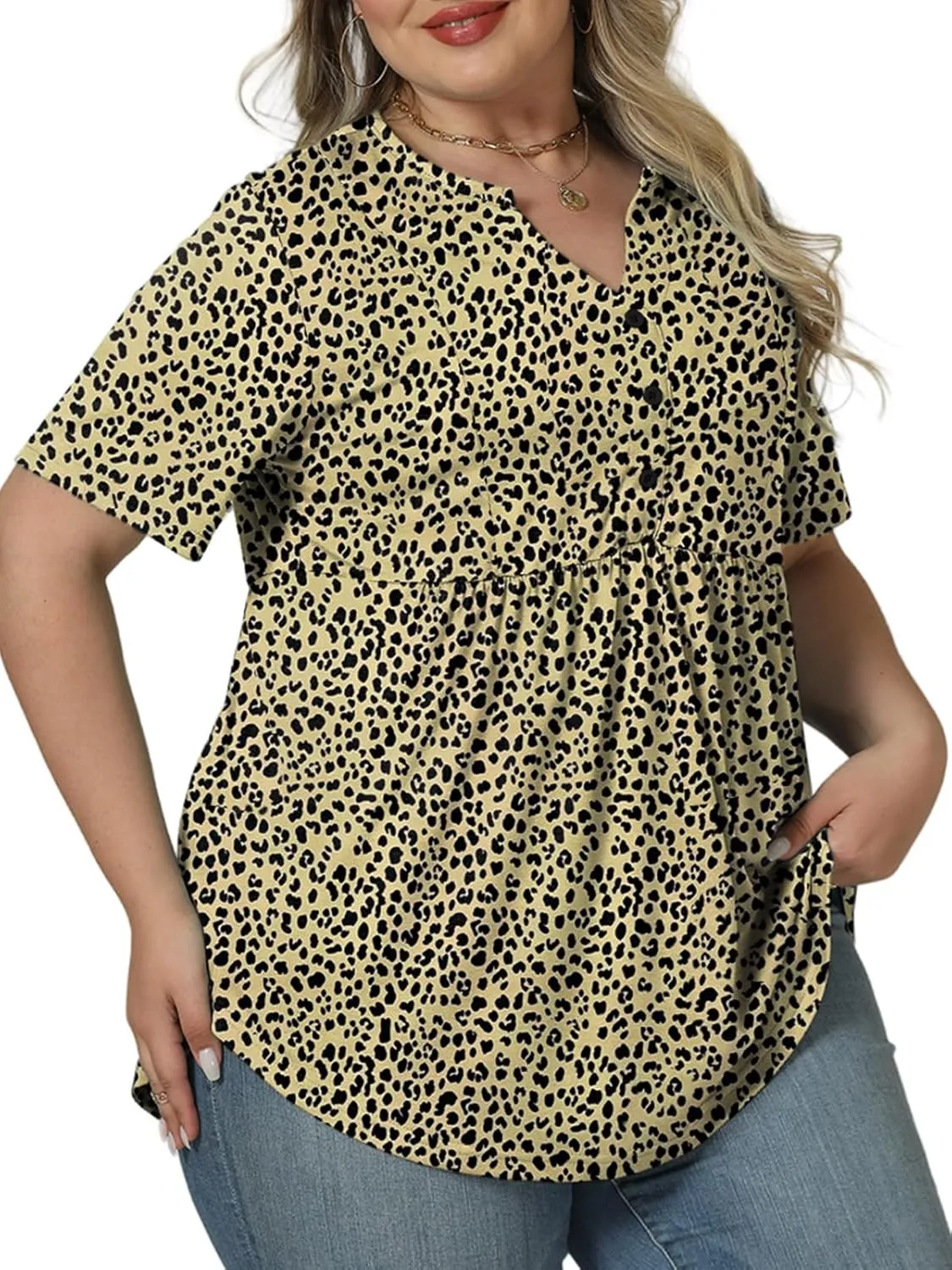 VISLILY Womens-Plus-Size-Henley-Shirts Casual V Neck Summer Short Sleeve Tops Cute Buttons Decor Blouses Flowy Pleated Tunics