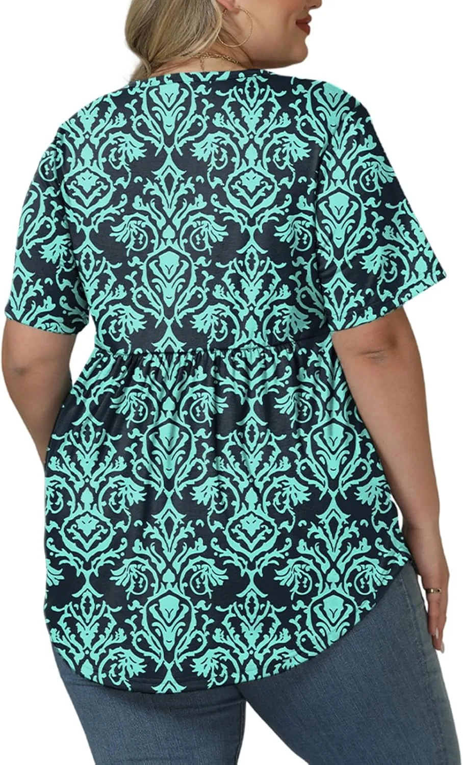 VISLILY Womens-Plus-Size-Henley-Shirts Casual V Neck Summer Short Sleeve Tops Cute Buttons Decor Blouses Flowy Pleated Tunics